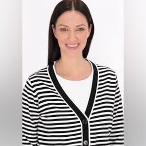 Kenar Striped V-Neck Button Cardigan Sweater - Black & White-  Size M